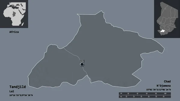 乍得地区Tandjile的形状及其首都 距离刻度 预览和标签 彩色高程图 3D渲染 — 图库照片