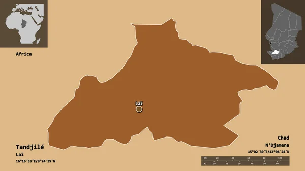 タンジレの形 チャドの領域 およびその首都 距離スケール プレビューおよびラベル パターン化されたテクスチャの構成 3Dレンダリング — ストック写真