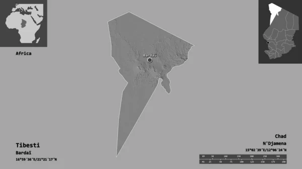 Form Tibesti Regionen Tchad Och Dess Huvudstad Avståndsskala Förhandsvisningar Och — Stockfoto