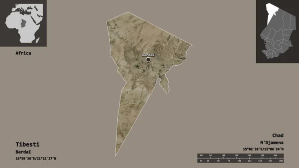 乍得地区提贝斯提的形状及其首都 距离刻度 预览和标签 卫星图像 3D渲染 — 图库照片