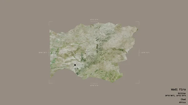 チャドの地域であるワディ フィアの地域は 洗練された境界ボックス内の強固な背景に隔離されています ラベル 衛星画像 3Dレンダリング — ストック写真