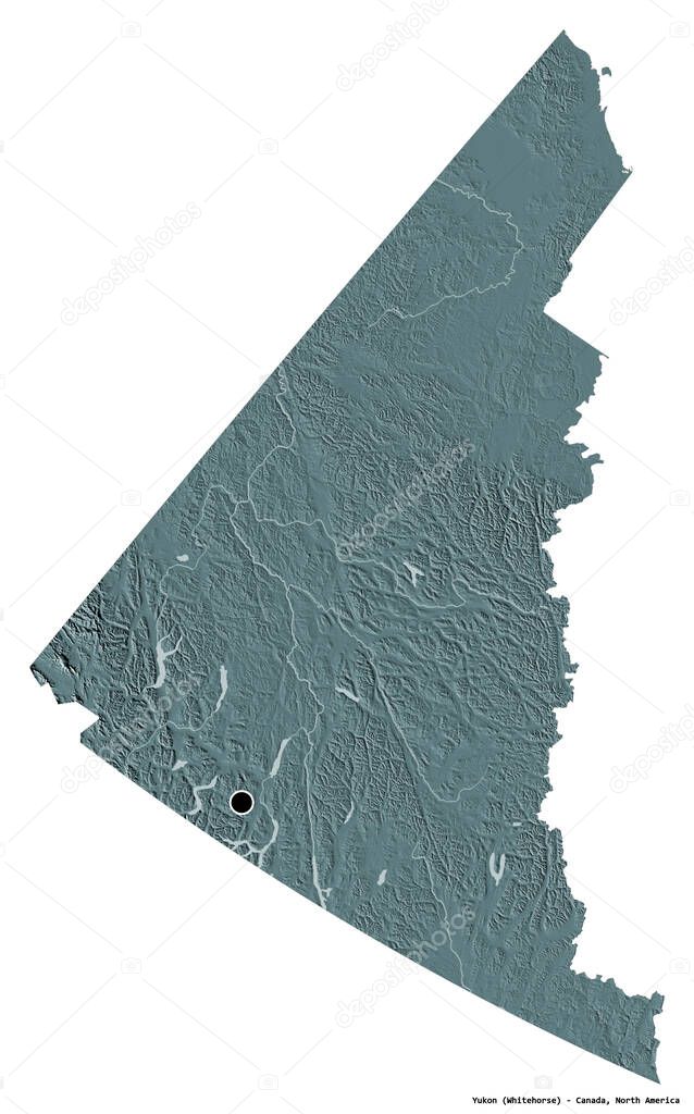 Shape of Yukon, territory of Canada, with its capital isolated on white background. Colored elevation map. 3D rendering