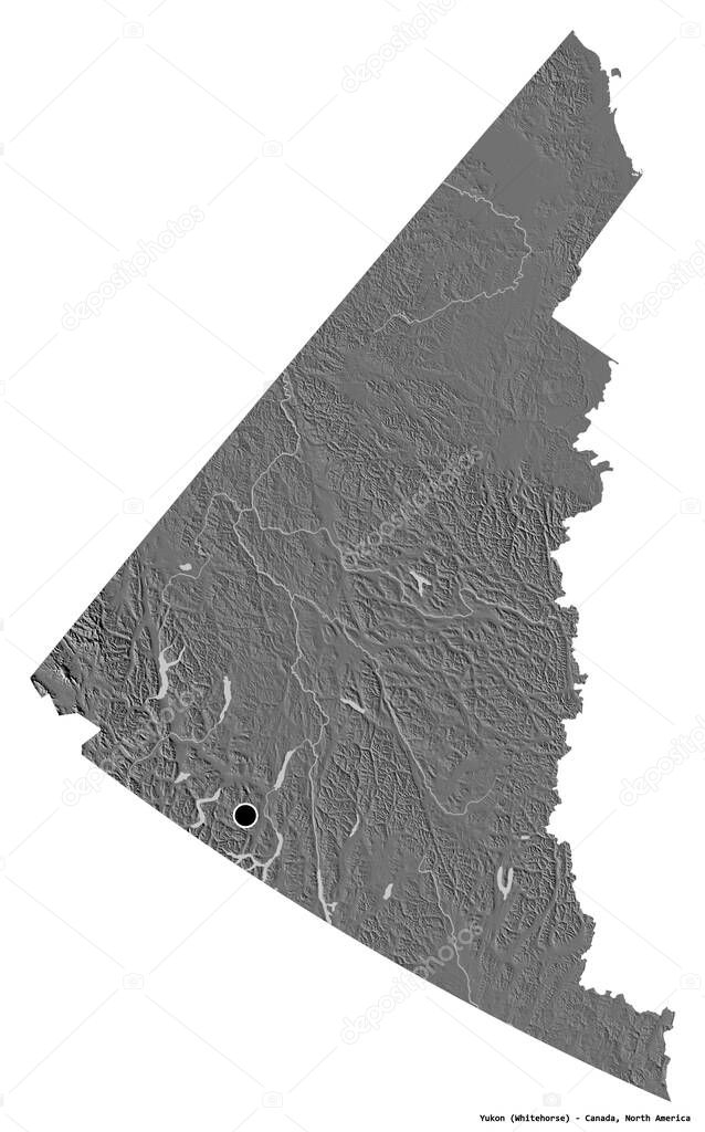 Shape of Yukon, territory of Canada, with its capital isolated on white background. Bilevel elevation map. 3D rendering