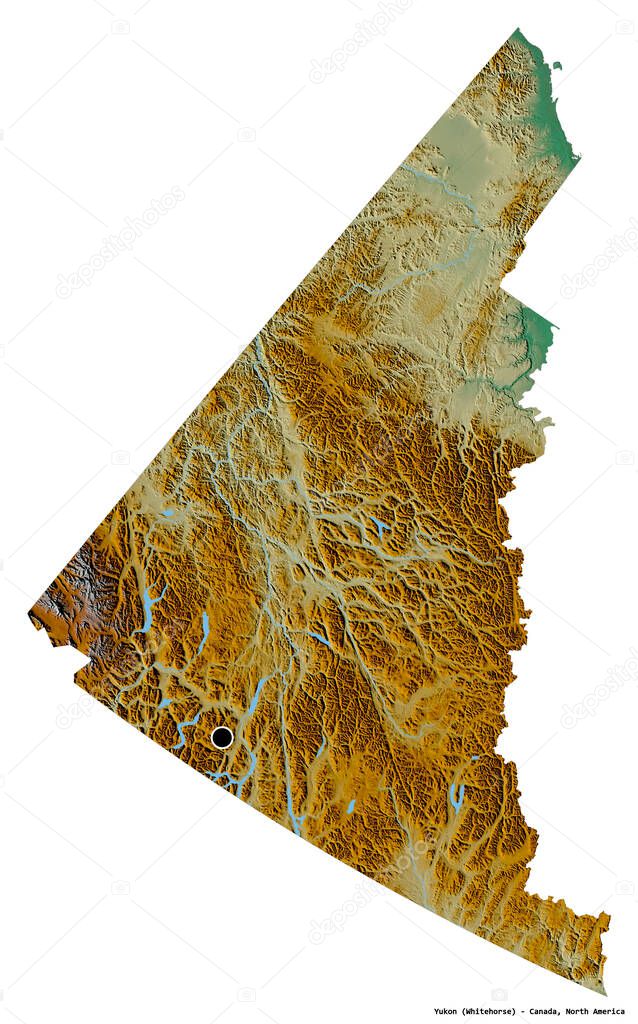 Shape of Yukon, territory of Canada, with its capital isolated on white background. Topographic relief map. 3D rendering