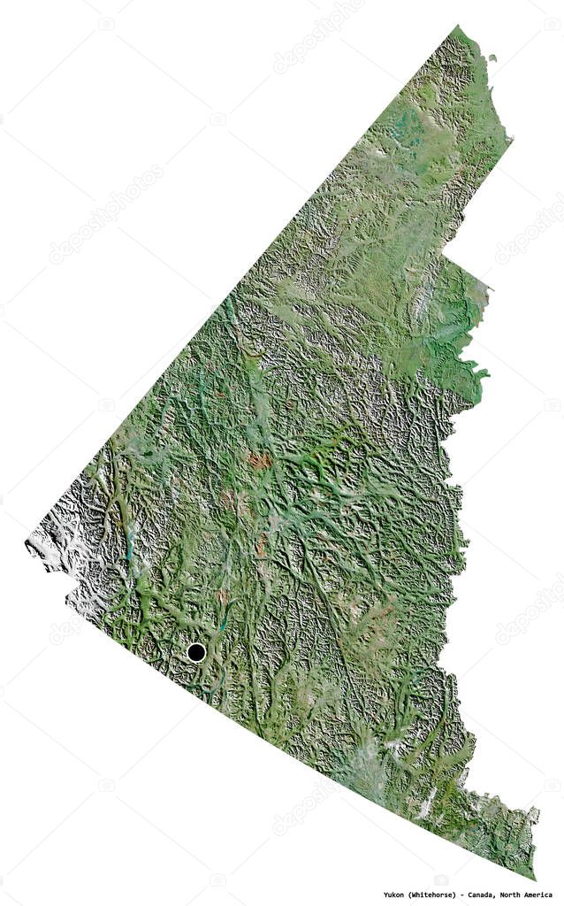 Shape of Yukon, territory of Canada, with its capital isolated on white background. Satellite imagery. 3D rendering