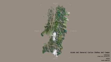 Aisen del General Carlos Ibanez del Campo bölgesi, Şili bölgesi, jeoreferatlı bir sınır kutusunda sağlam bir arka planda izole edilmiştir. Etiketler. Uydu görüntüleri. 3B görüntüleme