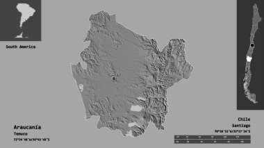Araucania 'nın şekli, Şili bölgesi ve başkenti. Uzaklık ölçeği, ön gösterimler ve etiketler. Çift seviyeli yükseklik haritası. 3B görüntüleme