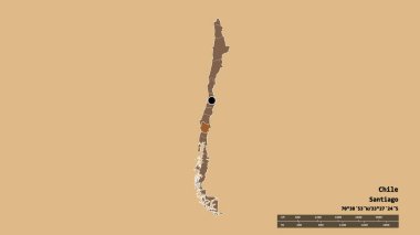 Başkenti, ana bölgesel bölümü ve bölünmüş Araucania bölgesi ile Şili 'nin deforme edilmiş şekli. Etiketler. Desenli dokuların bileşimi. 3B görüntüleme