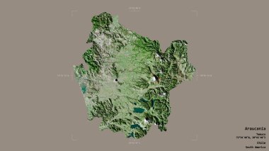 Araucania bölgesi, Şili bölgesi, jeoreferatlı bir sınır kutusunda katı bir arka planda izole edilmiş. Etiketler. Uydu görüntüleri. 3B görüntüleme