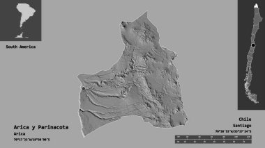 Arica y Parinacota 'nın şekli, Şili bölgesi ve başkenti. Uzaklık ölçeği, ön gösterimler ve etiketler. Çift seviyeli yükseklik haritası. 3B görüntüleme