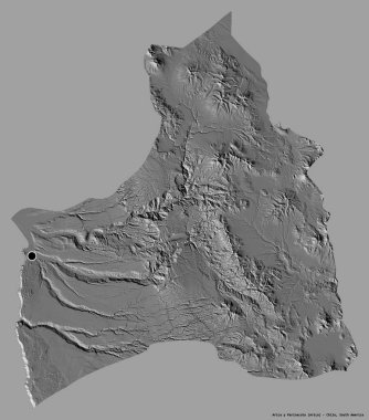 Arica y Parinacota 'nın şekli, Şili bölgesinin başkenti, katı bir renk arkaplanı ile izole edilmiştir. Çift seviyeli yükseklik haritası. 3B görüntüleme