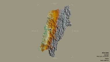 Şili 'nin Atacama bölgesi, katı bir arka planda izole edilmiş bir sınır kutusunda. Etiketler. Topografik yardım haritası. 3B görüntüleme