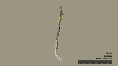 Başkenti, ana bölgesel bölümü ve ayrılmış Atacama bölgesi ile Şili 'nin deforme edilmiş şekli. Etiketler. Topografik yardım haritası. 3B görüntüleme
