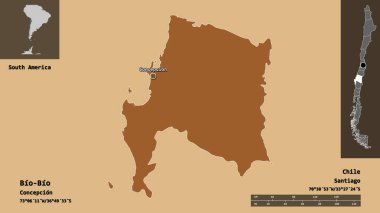 Bio-Biyo 'nun şekli, Şili bölgesi ve başkenti. Uzaklık ölçeği, ön gösterimler ve etiketler. Desenli dokuların bileşimi. 3B görüntüleme