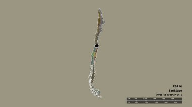 Başkenti, ana bölgesel bölümü ve ayrılan Bio-Biyolojik alanı ile Şili 'nin dejenere edilmiş şekli. Etiketler. Topografik yardım haritası. 3B görüntüleme