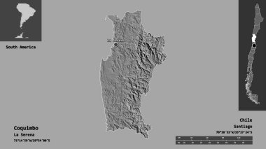 Coquimbo 'nun şekli, Şili bölgesi ve başkenti. Uzaklık ölçeği, ön gösterimler ve etiketler. Çift seviyeli yükseklik haritası. 3B görüntüleme