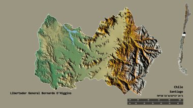 Libertador General Bernardo O 'Higgins' in şekli, Şili bölgesi, sermayesi sağlam arka planda izole edilmiş. Uzaklık ölçeği, bölge önizlemesi ve etiketleri. Topografik yardım haritası. 3B görüntüleme