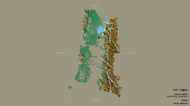 Los Lagos bölgesi, Şili bölgesi, katı bir arka planda izole edilmiş bir sınır kutusunda. Etiketler. Topografik yardım haritası. 3B görüntüleme