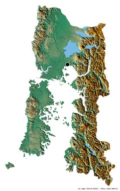 Los Lagos 'un şekli, Şili bölgesi, başkenti beyaz arka planda izole edilmiş. Topografik yardım haritası. 3B görüntüleme