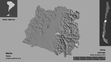 Maule 'nin şekli, Şili bölgesi ve başkenti. Uzaklık ölçeği, ön gösterimler ve etiketler. Çift seviyeli yükseklik haritası. 3B görüntüleme