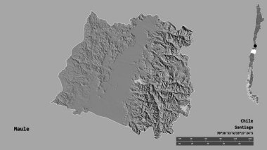 Şili 'nin Maule bölgesi, başkenti katı arka planda izole edilmiş. Uzaklık ölçeği, bölge önizlemesi ve etiketleri. Çift seviyeli yükseklik haritası. 3B görüntüleme