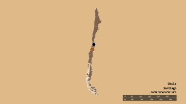 Başkenti, ana bölgesel bölümü ve ayrılan Maule bölgesi ile Şili 'nin deforme edilmiş şekli. Etiketler. Desenli dokuların bileşimi. 3B görüntüleme