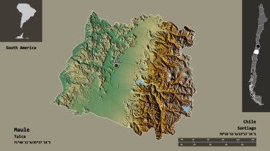 Maule 'nin şekli, Şili bölgesi ve başkenti. Uzaklık ölçeği, ön gösterimler ve etiketler. Topografik yardım haritası. 3B görüntüleme