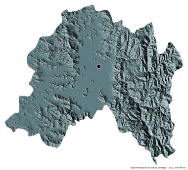 Başkenti beyaz arka planda izole edilmiş olan Şili 'nin başkenti Metropolitana de Santiago bölgesinin şekli. Renkli yükseklik haritası. 3B görüntüleme