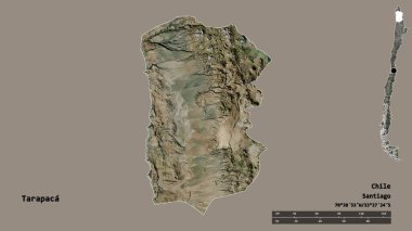 Tarapaca 'nın şekli, Şili bölgesi, başkenti sağlam bir zemin üzerinde izole edilmiş. Uzaklık ölçeği, bölge önizlemesi ve etiketleri. Uydu görüntüleri. 3B görüntüleme
