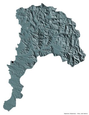 Beyaz arka planda başkenti izole edilmiş Valparaiso, Şili bölgesi. Renkli yükseklik haritası. 3B görüntüleme