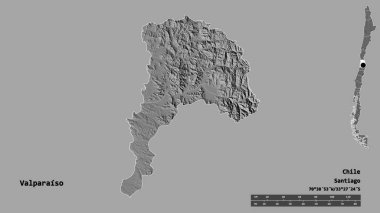 Şili 'nin Valparaiso bölgesi, başkenti sağlam bir zemin üzerinde izole edilmiştir. Uzaklık ölçeği, bölge önizlemesi ve etiketleri. Çift seviyeli yükseklik haritası. 3B görüntüleme