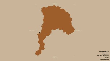 Valparaiso bölgesi, Şili bölgesi, jeoreferatlı bir sınır kutusunda sağlam bir arka planda izole edilmiş. Etiketler. Desenli dokuların bileşimi. 3B görüntüleme