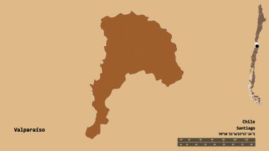 Şili 'nin Valparaiso bölgesi, başkenti sağlam bir zemin üzerinde izole edilmiştir. Uzaklık ölçeği, bölge önizlemesi ve etiketleri. Desenli dokuların bileşimi. 3B görüntüleme