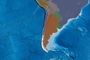 Şili 'nin genişletilmiş bölgesi. Renkli yükseklik haritası. 3B görüntüleme