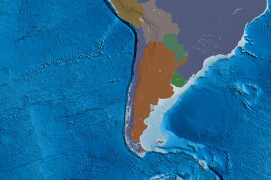 Şili 'nin genişletilmiş bölgesi. Renkli yükseklik haritası. 3B görüntüleme