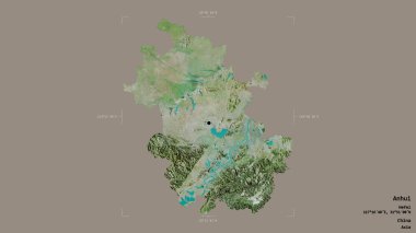 Çin 'in Anhui Bölgesi, katı bir arka planda izole edilmiş bir sınır kutusunda. Etiketler. Uydu görüntüleri. 3B görüntüleme