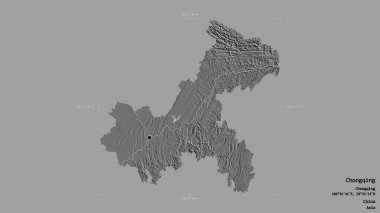 Chongqing bölgesi, Çin belediyesi, sağlam bir arka planda izole edilmiş bir sınır kutusunda. Etiketler. Çift seviyeli yükseklik haritası. 3B görüntüleme