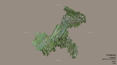 Chongqing bölgesi, Çin belediyesi, sağlam bir arka planda izole edilmiş bir sınır kutusunda. Etiketler. Uydu görüntüleri. 3B görüntüleme