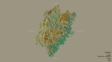 Fujian bölgesi, Çin vilayeti, jeoreferatlı bir sınır kutusunda sağlam bir arka planda izole edilmiş. Etiketler. Topografik yardım haritası. 3B görüntüleme