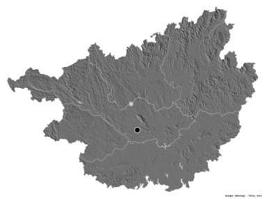 Guangxi 'nin şekli, Çin' in özerk bölgesi, başkenti beyaz arka planda izole edilmiş. Çift seviyeli yükseklik haritası. 3B görüntüleme