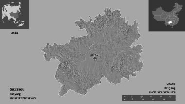 Guizhou 'nun şekli, Çin vilayeti ve başkenti. Uzaklık ölçeği, ön gösterimler ve etiketler. Çift seviyeli yükseklik haritası. 3B görüntüleme