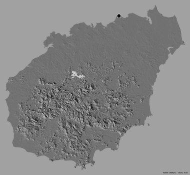 Çin 'in Hainan eyaleti, başkenti katı renk arkaplanı ile izole edilmiştir. Çift seviyeli yükseklik haritası. 3B görüntüleme