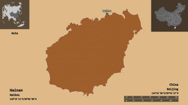 Hainan 'ın şekli, Çin vilayeti ve başkenti. Uzaklık ölçeği, ön gösterimler ve etiketler. Desenli dokuların bileşimi. 3B görüntüleme