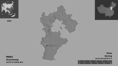 Hebei 'nin şekli, Çin vilayeti ve başkenti. Uzaklık ölçeği, ön gösterimler ve etiketler. Çift seviyeli yükseklik haritası. 3B görüntüleme