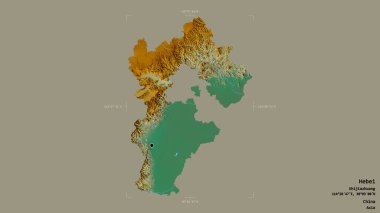 Hebei bölgesi, Çin eyaleti, katı bir arka planda izole edilmiş bir sınır kutusunda. Etiketler. Topografik yardım haritası. 3B görüntüleme
