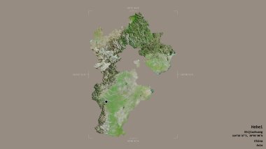 Hebei bölgesi, Çin eyaleti, katı bir arka planda izole edilmiş bir sınır kutusunda. Etiketler. Uydu görüntüleri. 3B görüntüleme