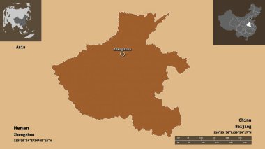 Henan 'ın şekli, Çin vilayeti ve başkenti. Uzaklık ölçeği, ön gösterimler ve etiketler. Desenli dokuların bileşimi. 3B görüntüleme