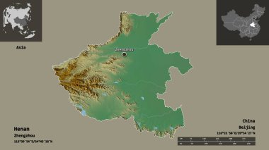 Henan 'ın şekli, Çin vilayeti ve başkenti. Uzaklık ölçeği, ön gösterimler ve etiketler. Topografik yardım haritası. 3B görüntüleme
