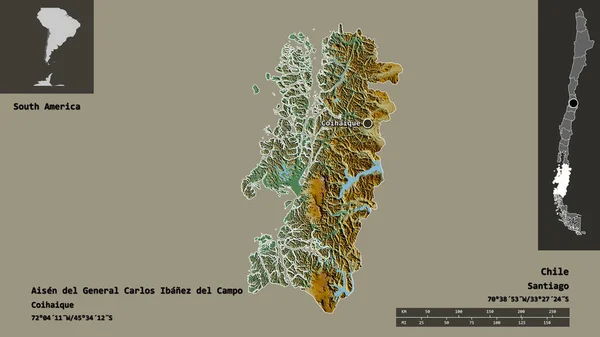 アイゼン ジェネラルの形カルロス イバネス カンポ チリの地域 およびその首都 距離スケール プレビューおよびラベル 地形図 3Dレンダリング — ストック写真