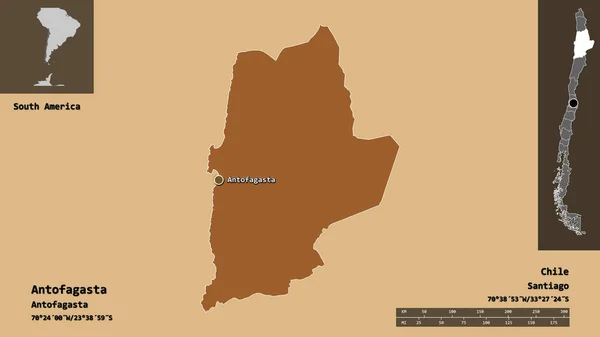 アントファガスタの形 チリの地域 その首都 距離スケール プレビューおよびラベル パターン化されたテクスチャの構成 3Dレンダリング — ストック写真